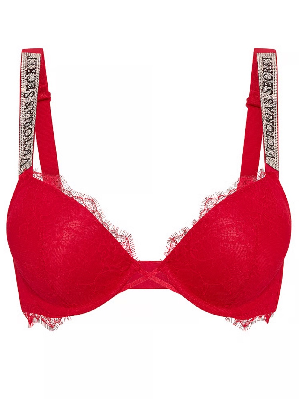 Victoria's Secret Red Underwire Very Sexy 
Shine Strap Lace Push-Up Bra Sz 32A